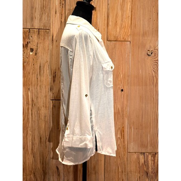 Nine 1 Eight Womens Large Off-White Button-Down Tunic Blouse With Roll-Up Sleeve - Picture 2 of 6
